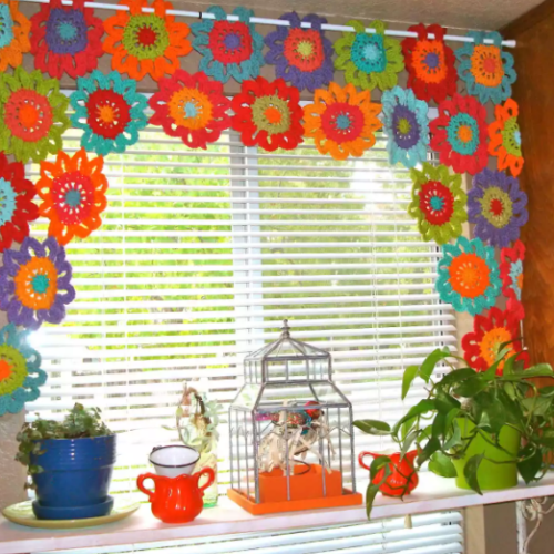 bright floral crochet kitchen curtain