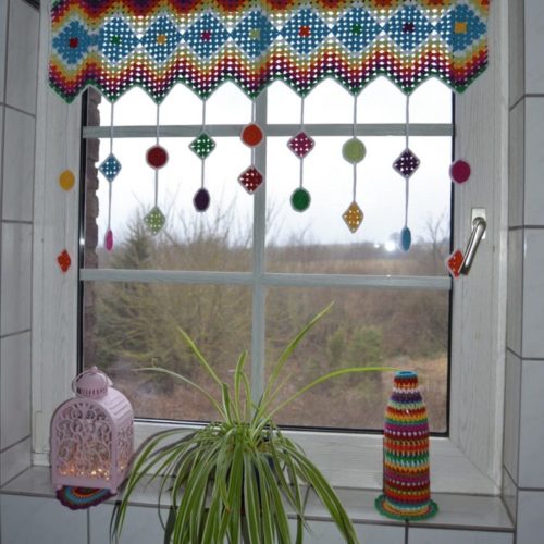 colorful granny square crochet curtain