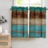 teal and brown kitchen curtains