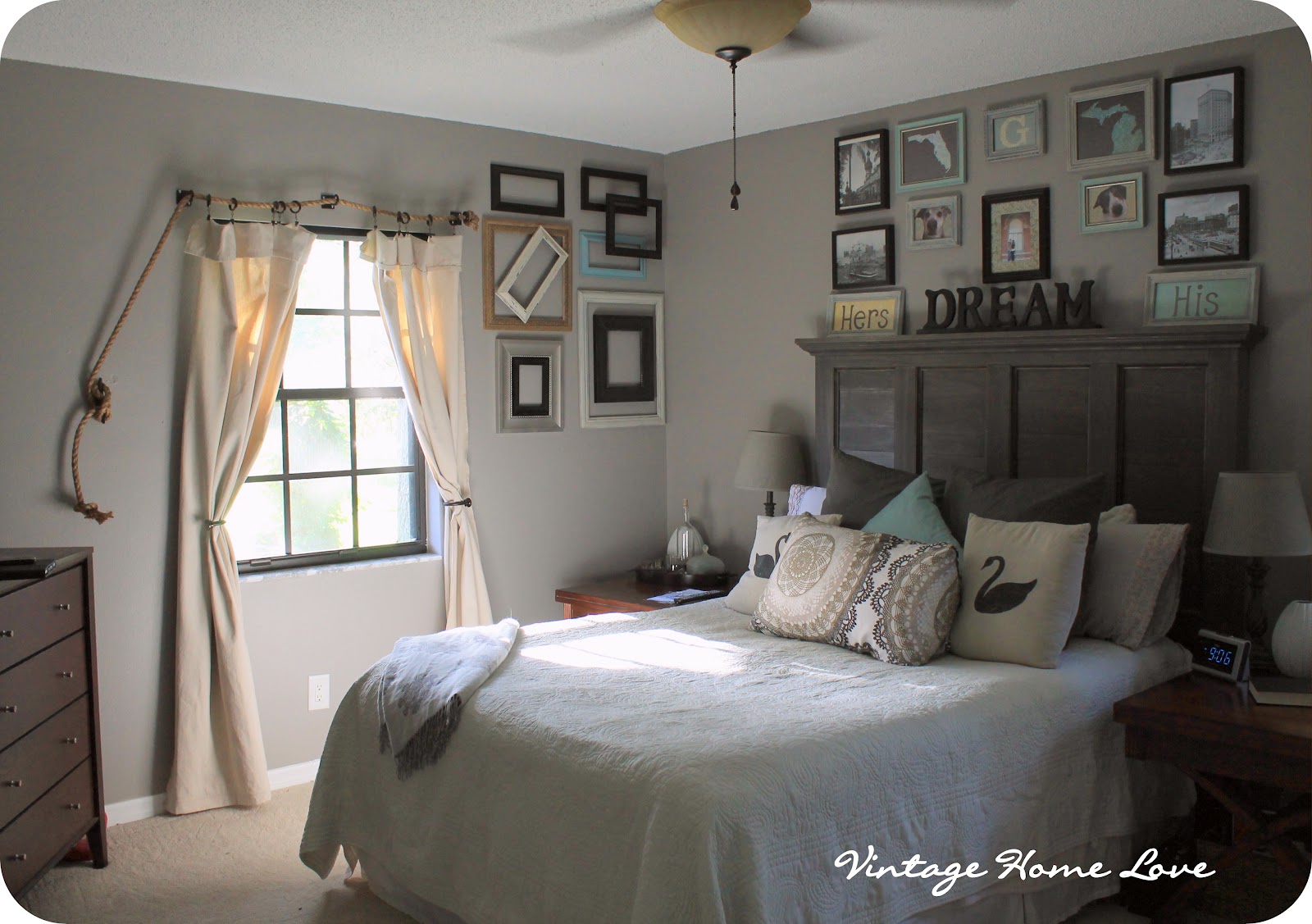 bedroom with rope rod curtains