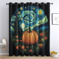 pumpkin curtain with van gogh painting a starry night at the backound of the curtain