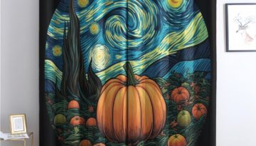 pumpkin curtain with van gogh painting a starry night at the backound of the curtain