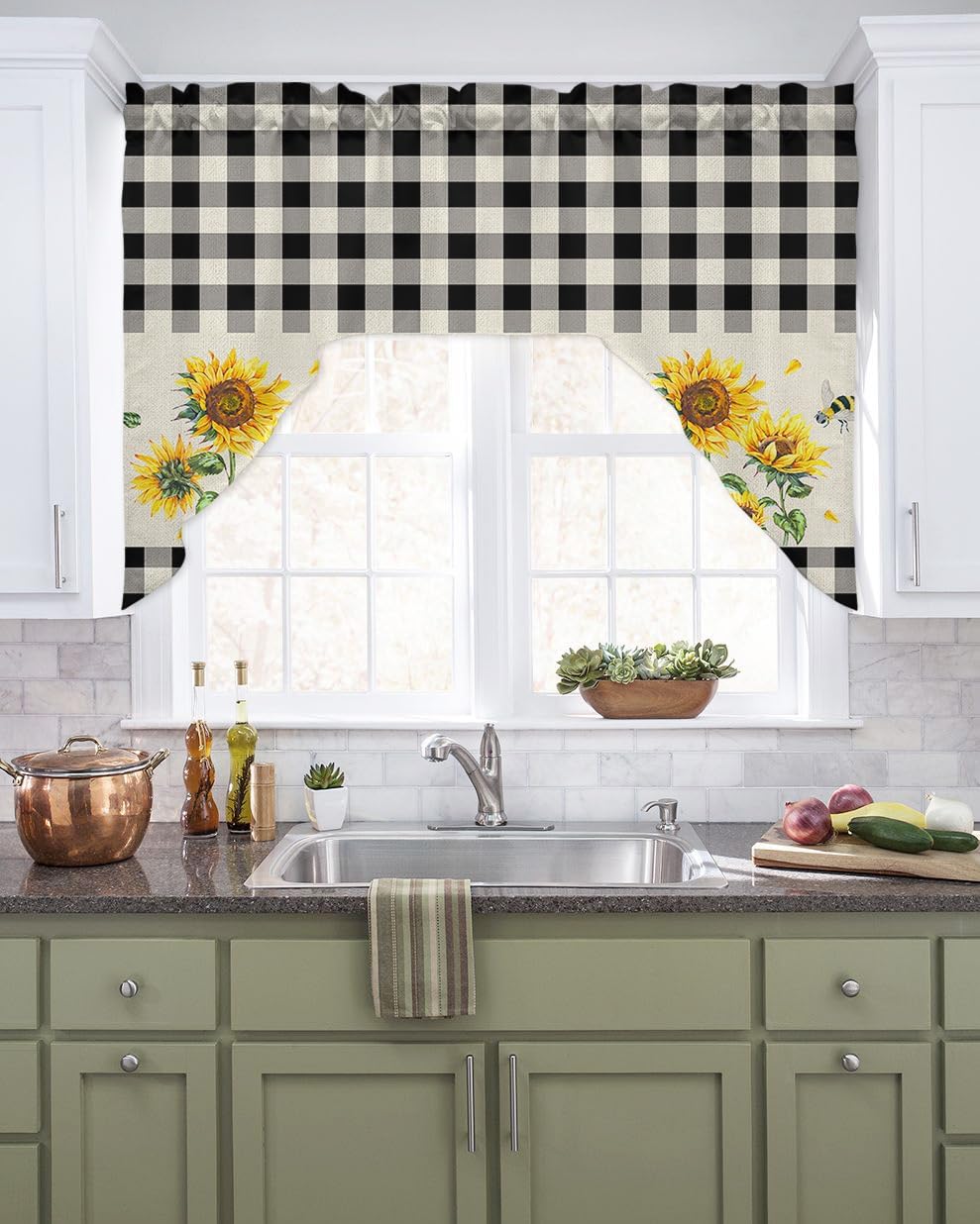 black and white checkered valance with sunflowers