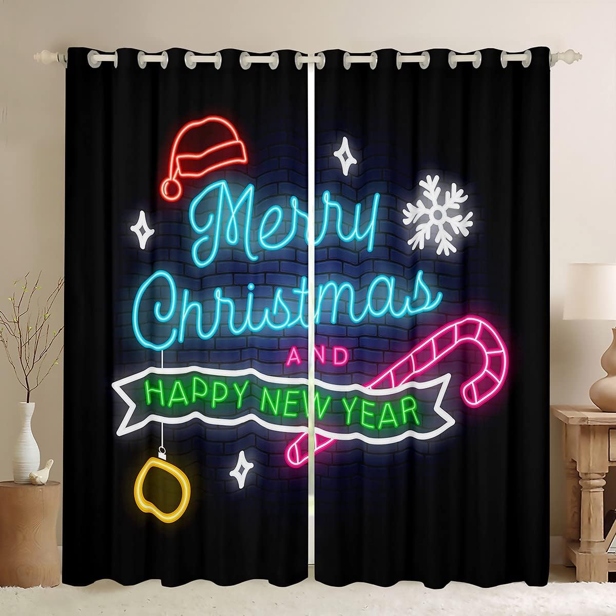 black christmas and happy new year curtains