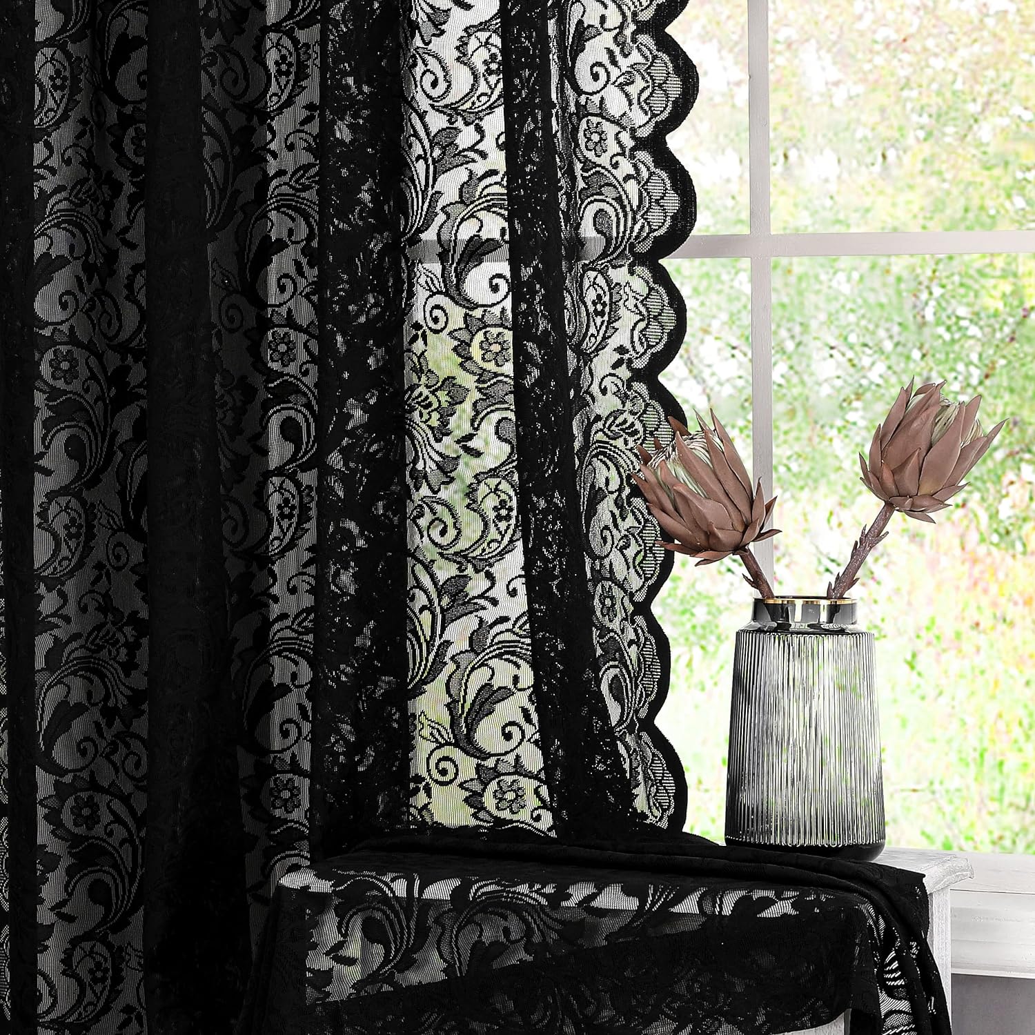 Black curtains for bedroom with embroidery on net fabric. sheer black curtain