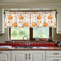 fall kitchen curtain valance in white with pumpkins on it.