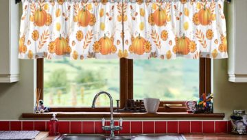 fall kitchen curtain valance in white with pumpkins on it.