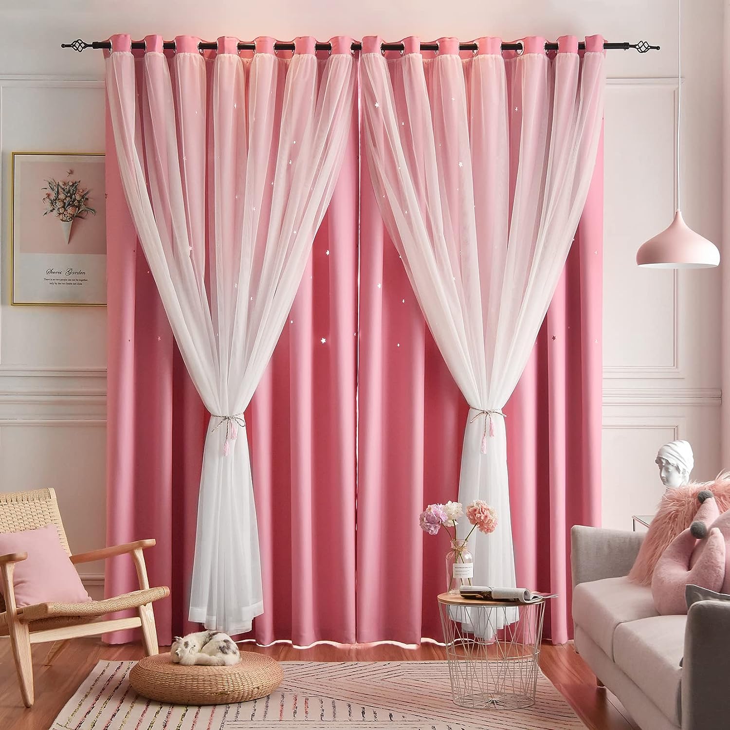 pink double layered blackout curtains