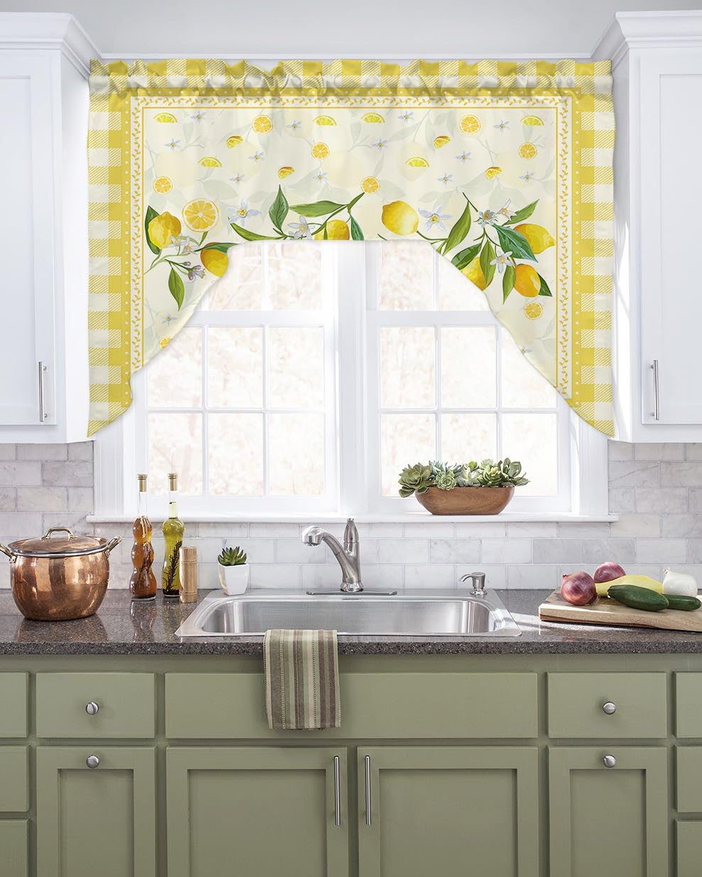 lemon kitchen curtain valance and tier with lemon print, hanging on rod in kitchen