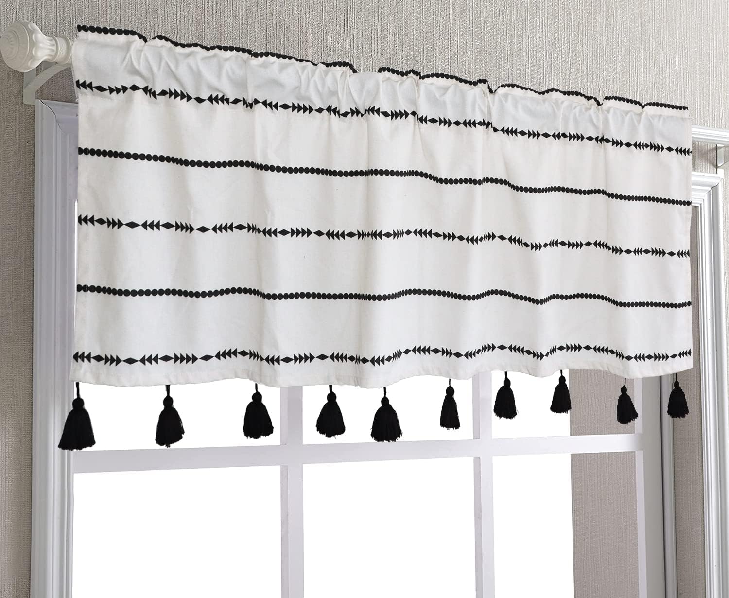 black and white striped valance with black taslles