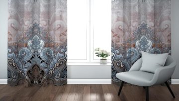 brown and blue curtains with motifs and abstract design