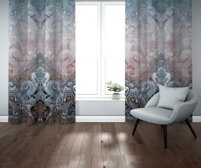 brown and blue curtains with motifs and abstract design